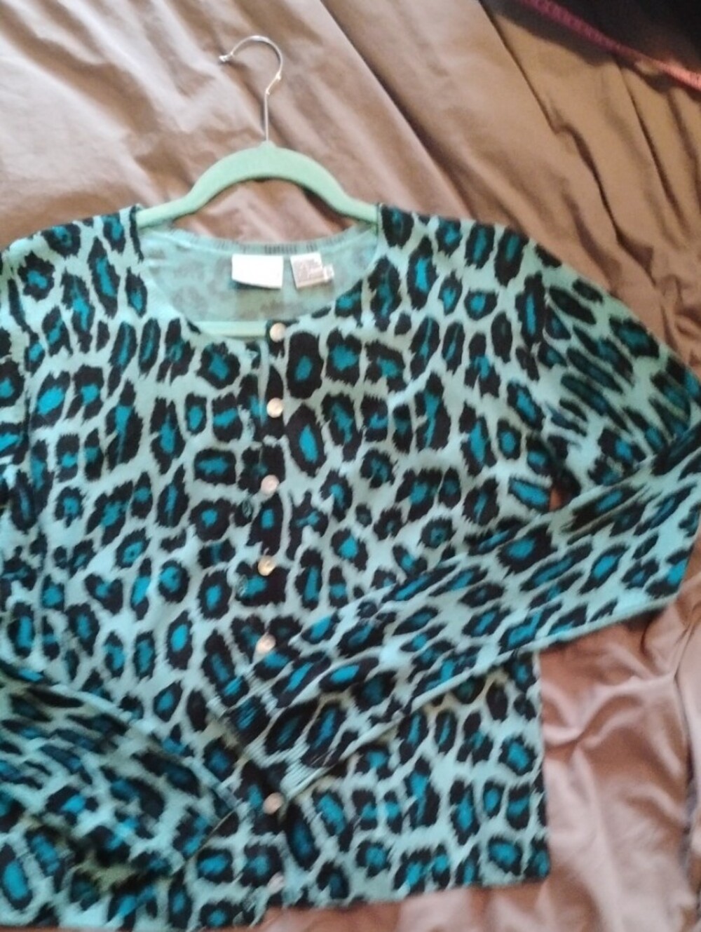 Newport News Teal and Black Leopard Print Button Cardigan